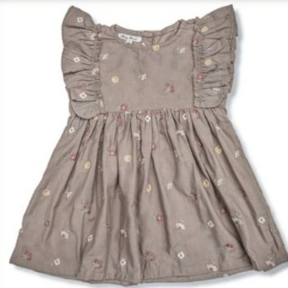 Shirley Bredal | Taupe Floral Embroidered Flutter Sleeve Dress